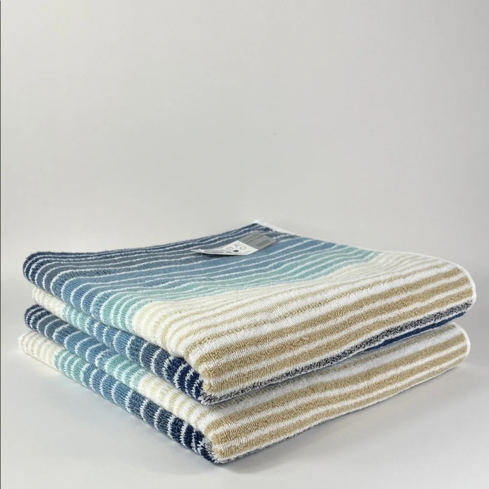 Casaba Bath Towels Tan Blue White Striped Quick Dry Zero Twist Cotton 2 Pc NEW